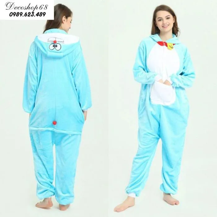 Bộ đồ ngủ hình thú mèo doraemon xanh liền thân lông mịn Pijama Động Vật Hoạt