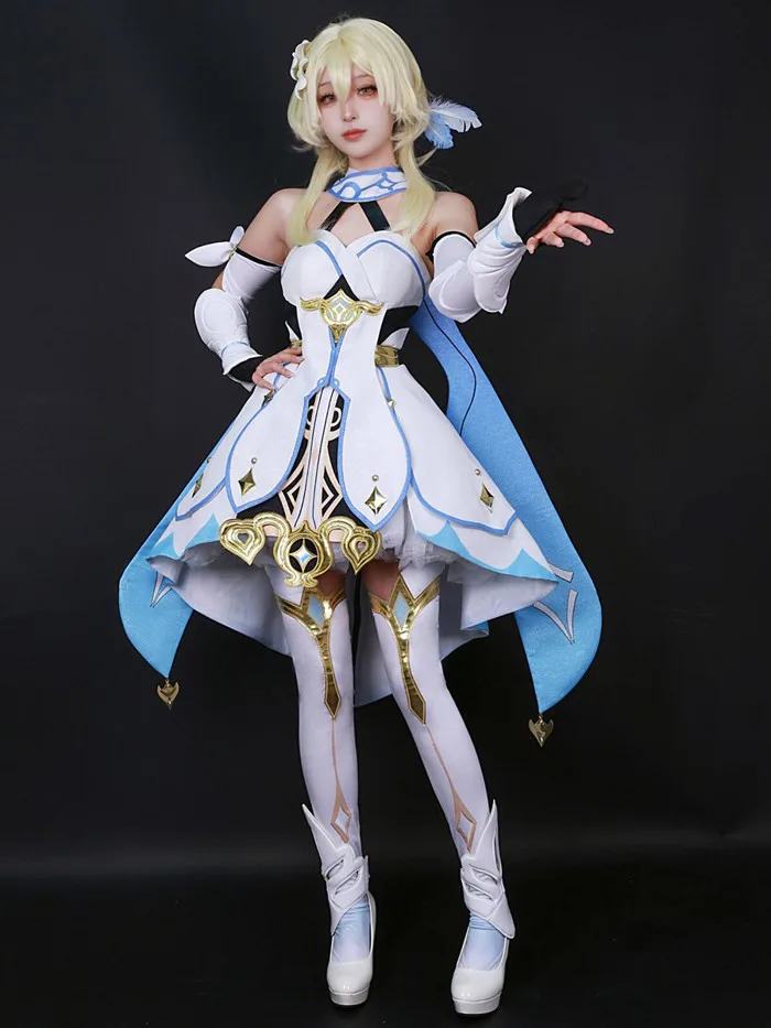 Genshin Impact Traveler Lumine Cosplay Costume Dress Wigs Halloween Party  Outfit | eBay