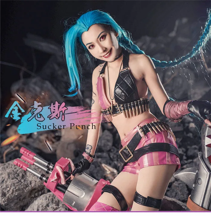LOL Game Jinx Cosplay ADC Costume League of Legends Full Set PU Necklace  Bullets | eBay