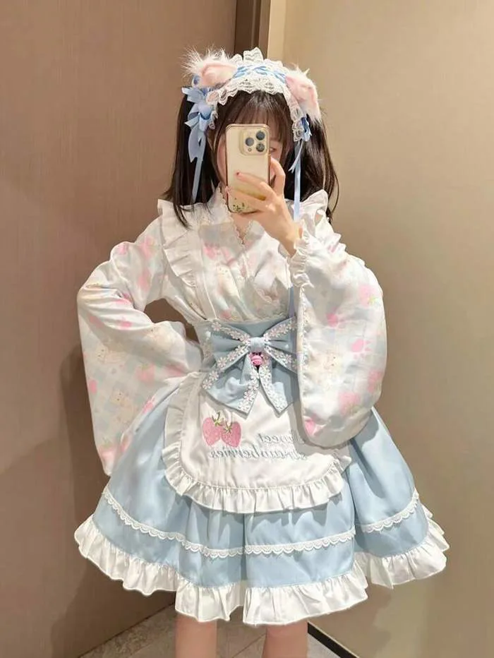 1 bộ váy hầu gái Lolita cosplay họa tiết mèo dâu tây dễ thương tươi mới,  màu xanh nhạt kiểu kimono, trang phục anime học đường kawaii Meow cho lễ  hội mùa