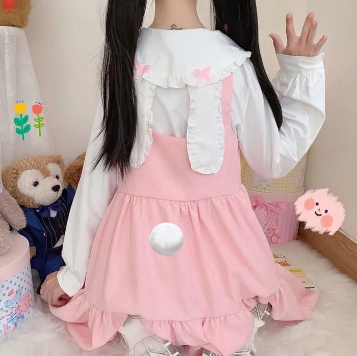 Japan Autumn Kawaii Lolita Two Piece Suit Cosplay Loli Bow Rabbits Ears  Shirt Sweet Soft Girl Sleeveless Ruched Suspender : Amazon.nl: Fashion