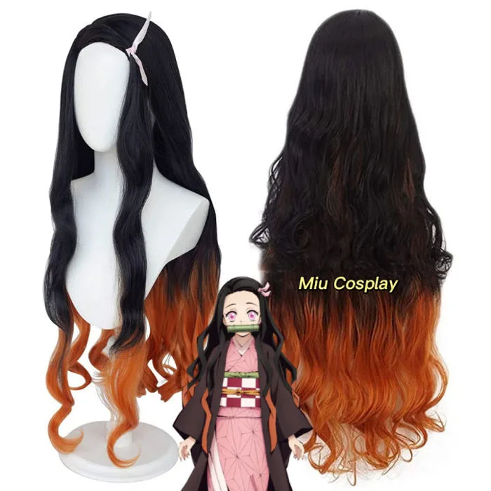 Wig/tóc giả cosplay Nezuko - Demon Slayer: Kimetsu no Yaiba màu đen pha cam  | Lazada Việt Nam