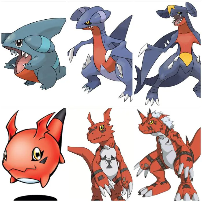 Tớ luôn thấy dòng tiến hóa của Garchomp trong Pokémon rất hợp với phong  cách thiết kế của Digimon. Cậu còn thấy quái vật nào trong các tác phẩm  khác mang cái