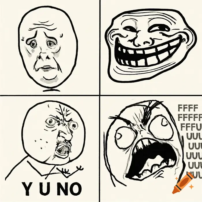 A four-panel rage comic grid showing classic meme faces including a sad face,  Trollface, Y U NO guy, and FFFFUUUU face with text. on Craiyon