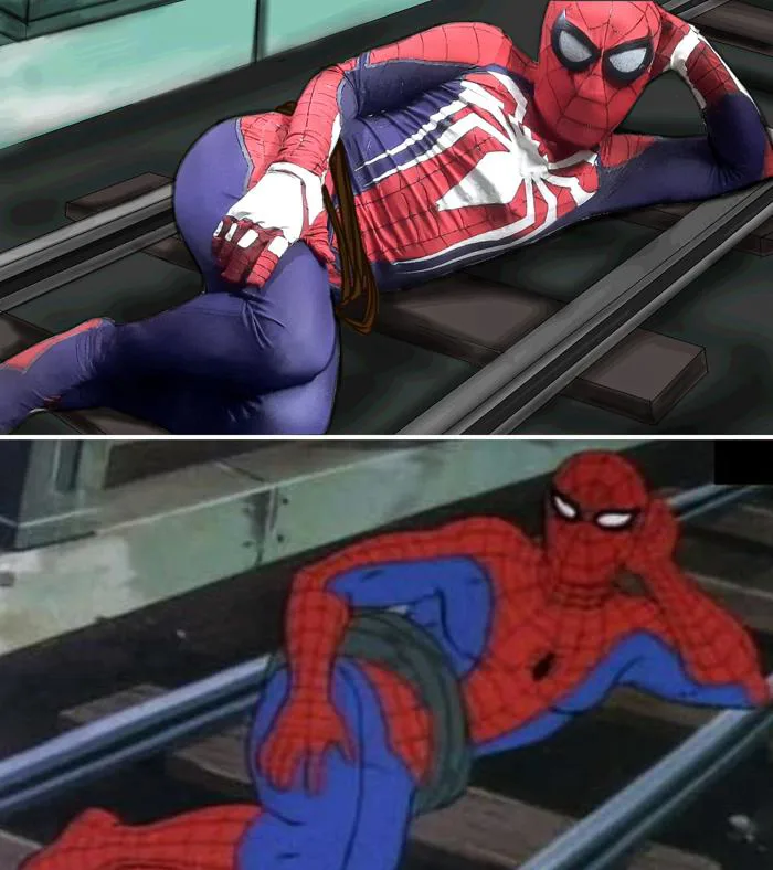 Tôi đã tái hiện lại meme Spiderman trên đường ray gợi cảm. Cosplay bởi tôi  sazzorx : r/Spiderman