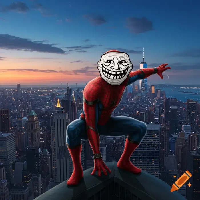 Spider-Man with a Troll Face meme for a head crouches on a skyscraper  rooftop, overlooking a city skyline at sunset. on Craiyon