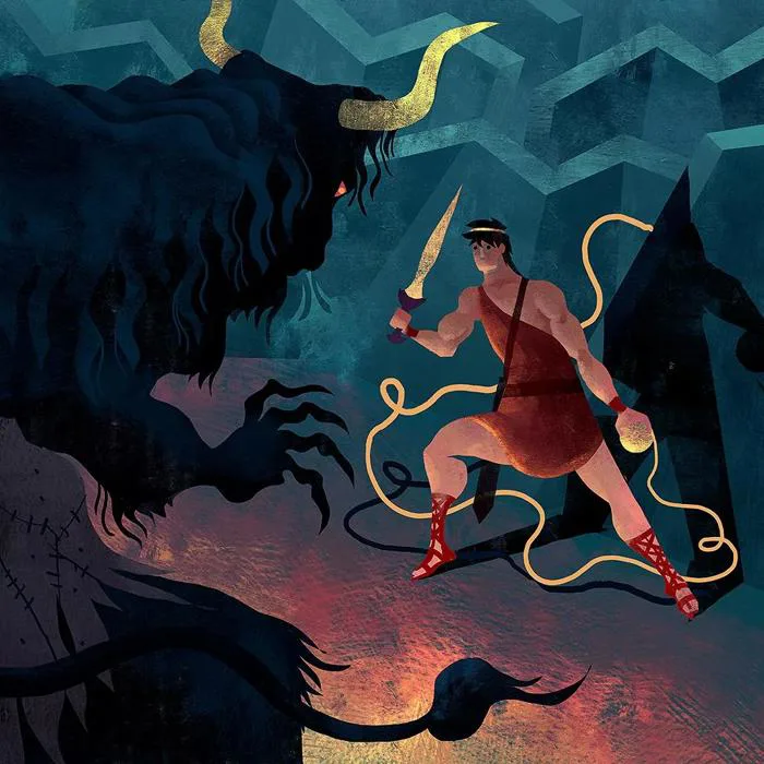 Theseus và Minotaur, do mình minh họa (*Chi tiết câu chuyện ở phần bình  luận) : r/mythology