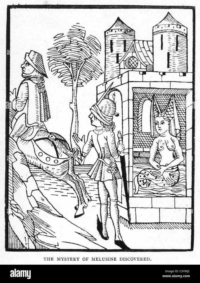 Medieval woodcut from the story of Melusine. The Mystery of Melusine discovered Stock Photo - Alamy Medieval woodcut from the story of Melusine. The Mystery of Melusine discovered Stock Photo - Alamy