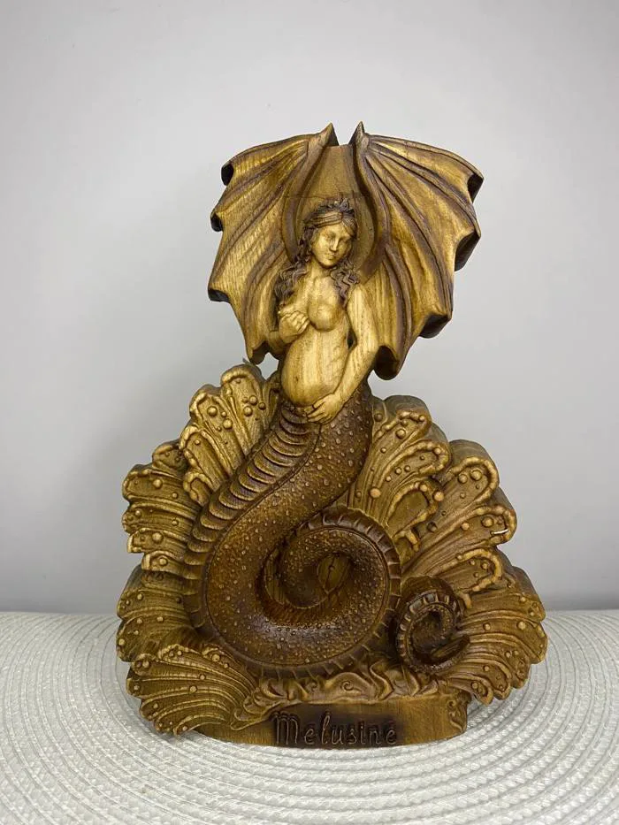 Melusine Statue — Hand-Carved Ash Wood Mythical Water Spirit – Art Carving Shop Melusine Statue — Hand-Carved Ash Wood Mythical Water Spirit – Art Carving Shop